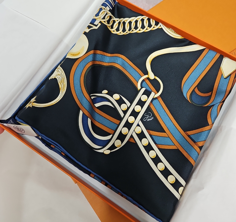 Silk-Feel Navy Chain & Straps Print Scarf